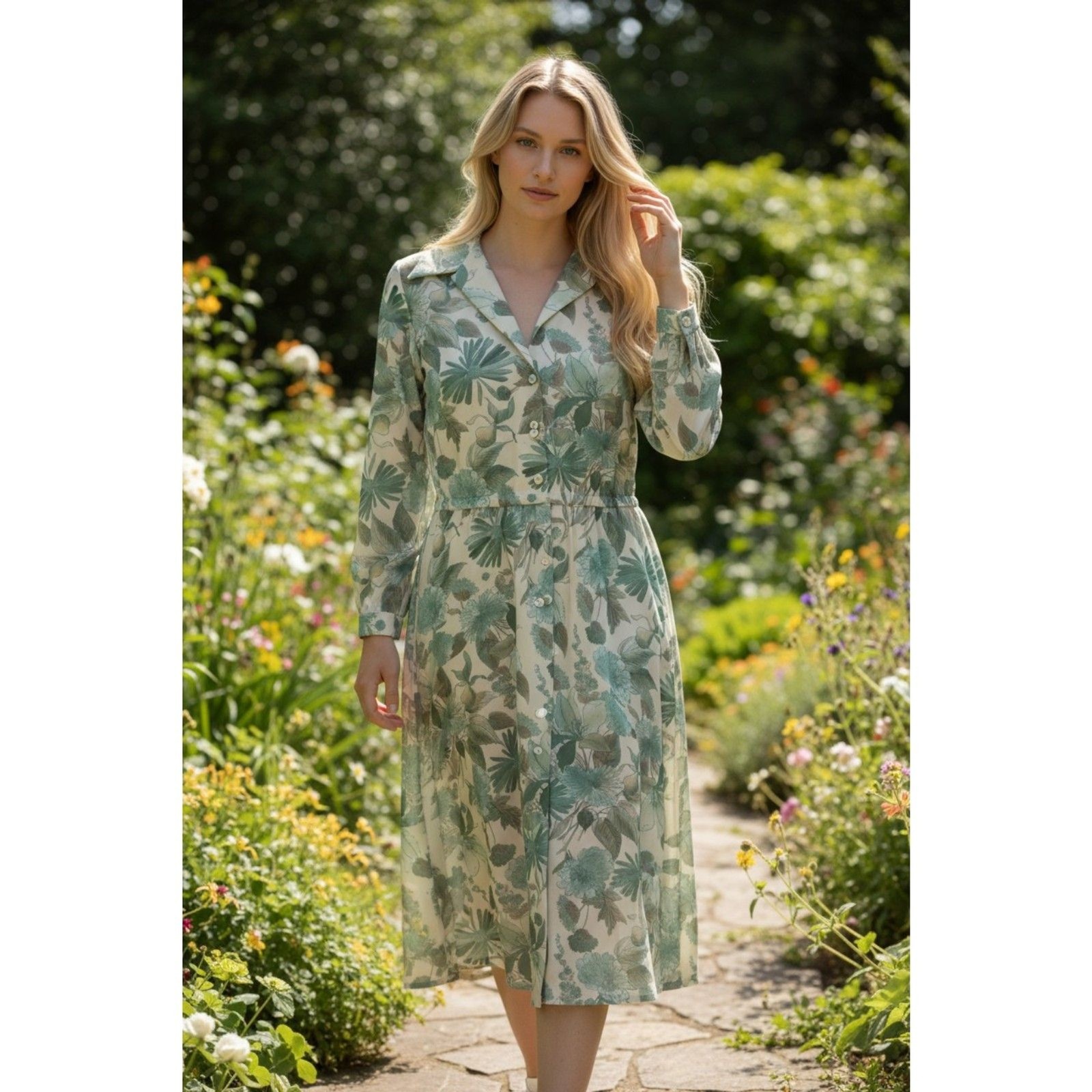 70’s Vintage Green Midi Dress with Notched Collar and Bishop Sleeves sz 16