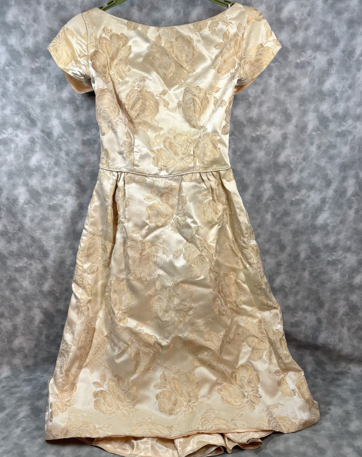 1950s Vtg Satin Brocade Formal Gown XS Champagne Rosette Waist Hand Made