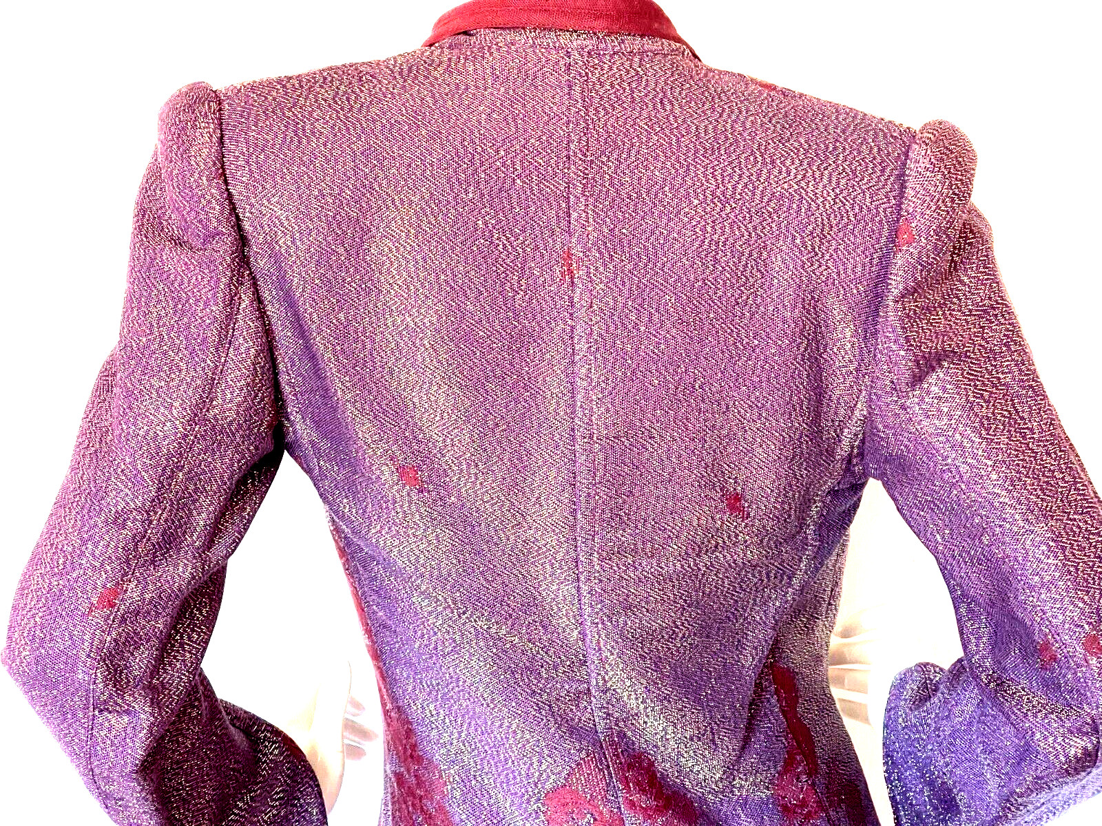 Vintage Krizia Purple Silver Metallic Lurex Evening Jacket W/ Floral Design SZ 6