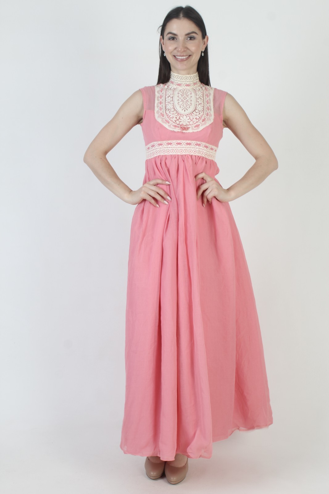 Vtg 70s Pink Prairie Dress High Waist Crochet Lace Victorian Boho Wedding Gown