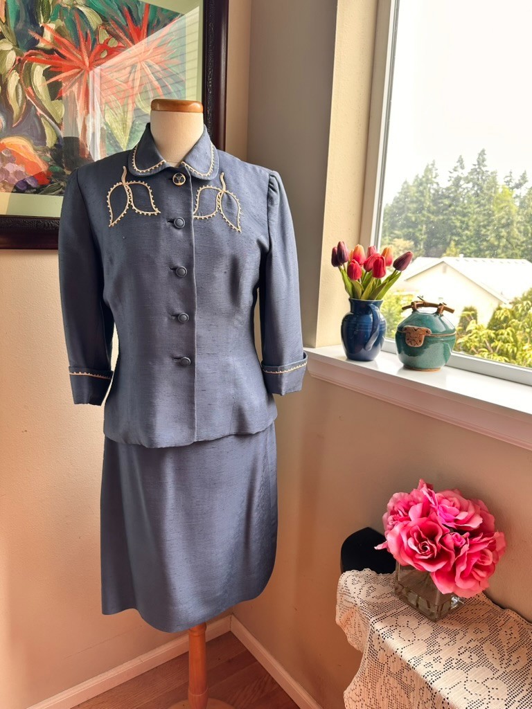 Blue Raw Silk Suit by Country Club Coat c1950 – Tailored Jacket & Skirt – S