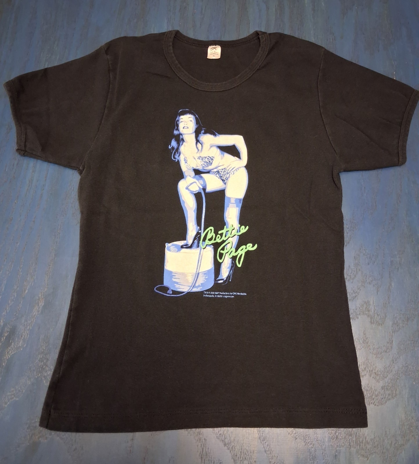 VTG 2002 Bettie Page Pin Up Baby Doll Tee Shirt Black Blue Graphic XL Y2K