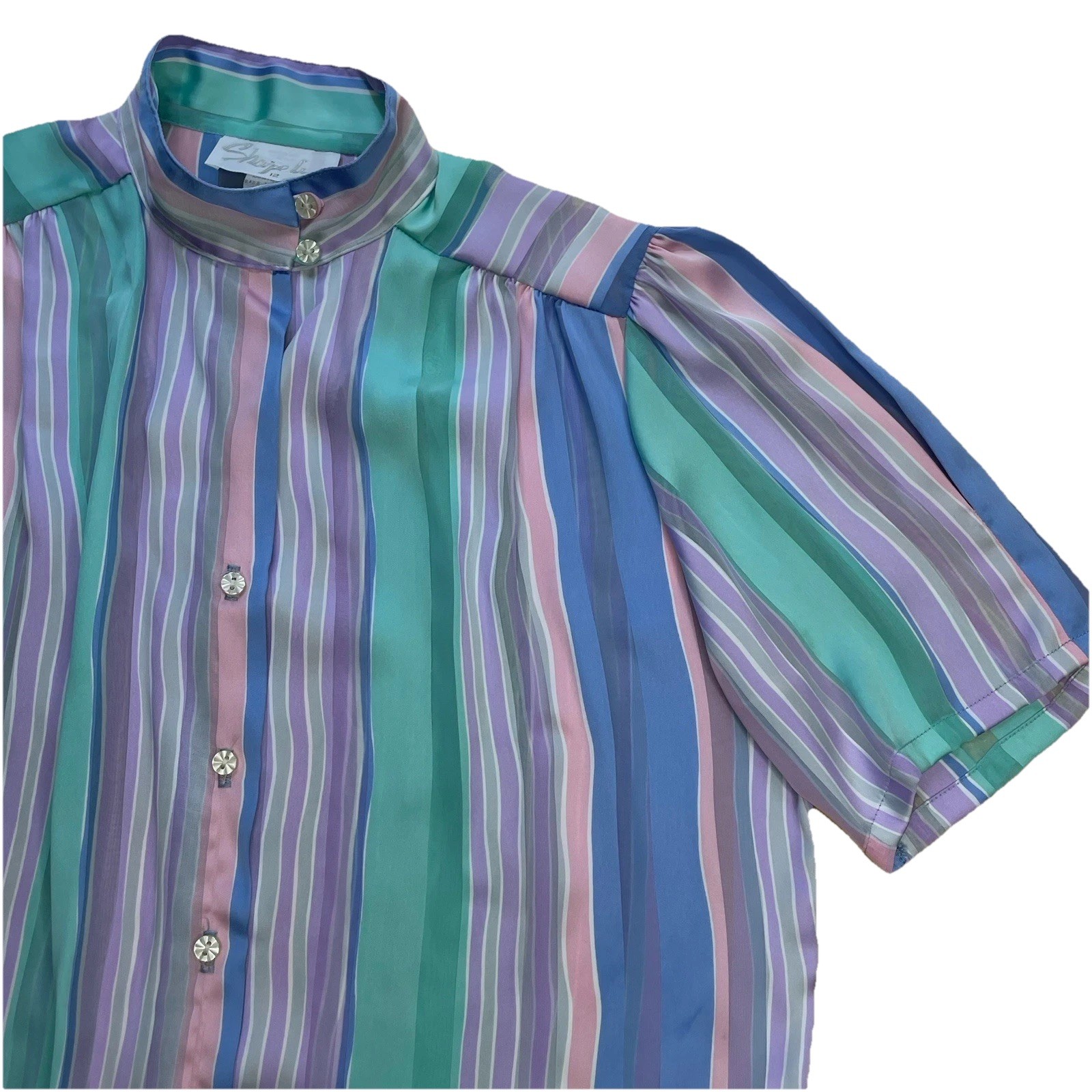 VTG Pastel Striped Blouse 12 High Mock Neck W/ Tie Button Front Retro Office