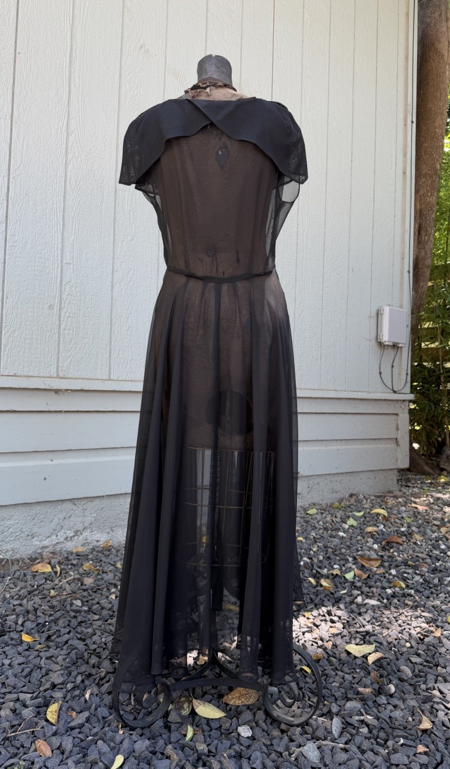 30s/40s Sheer Black Evening Dress 28W Capelet Sleeves Full Button Front Vintage