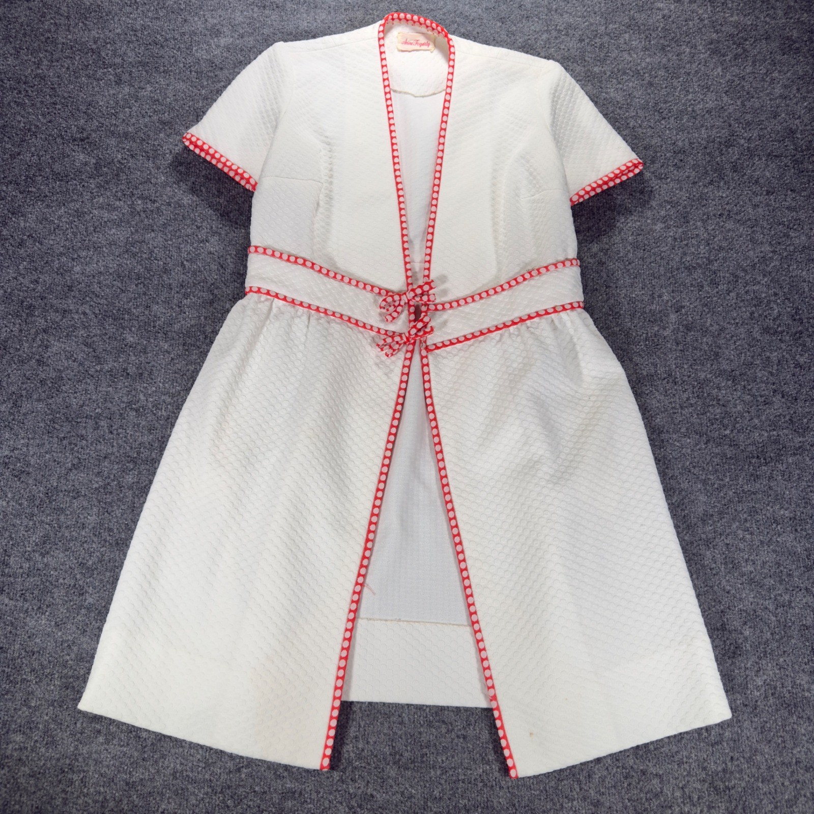 Vintage Anne Fogarty Dress White Honeycomb Pique Red Polka Dot Trim 60s Rare