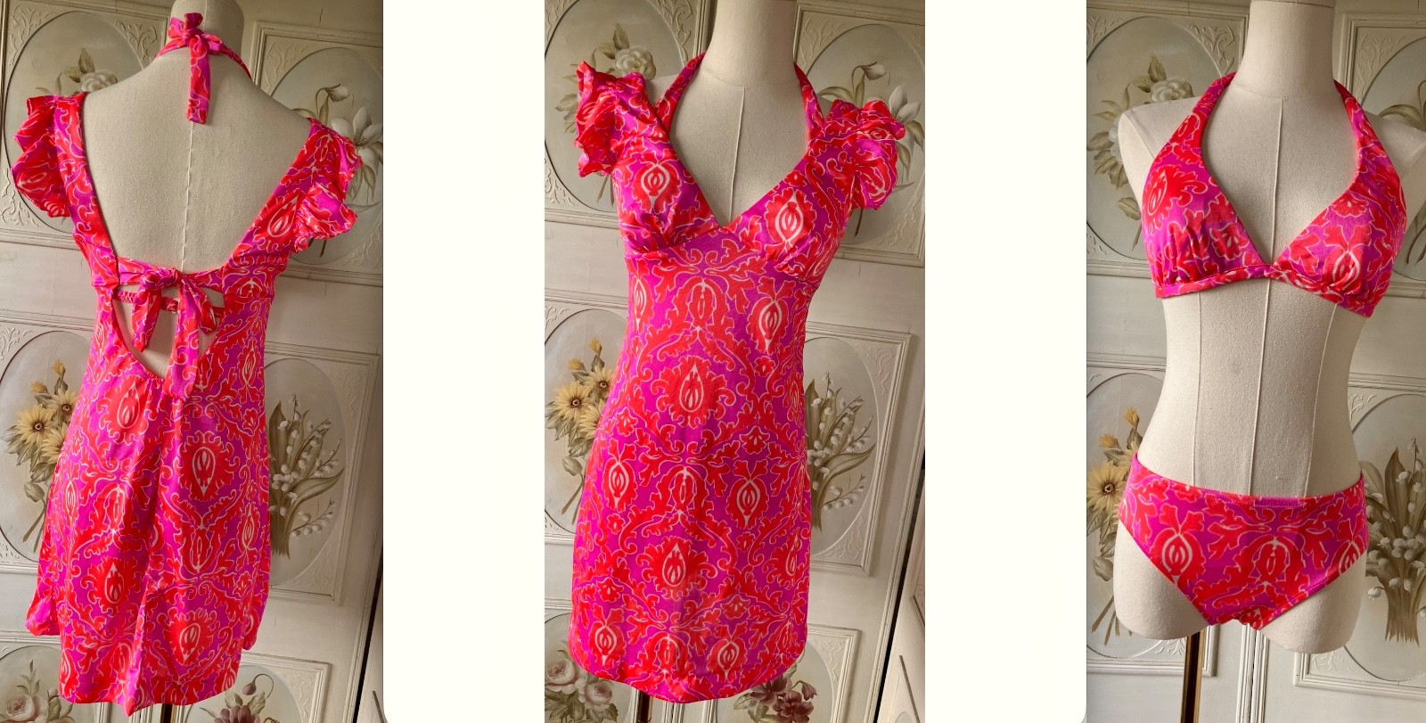 VTG 60s JC PENNEY PSYCHEDELIC 3 PIECES HOT PINK+ORANGE BIKINI+DRESS USA 9/32 EUC