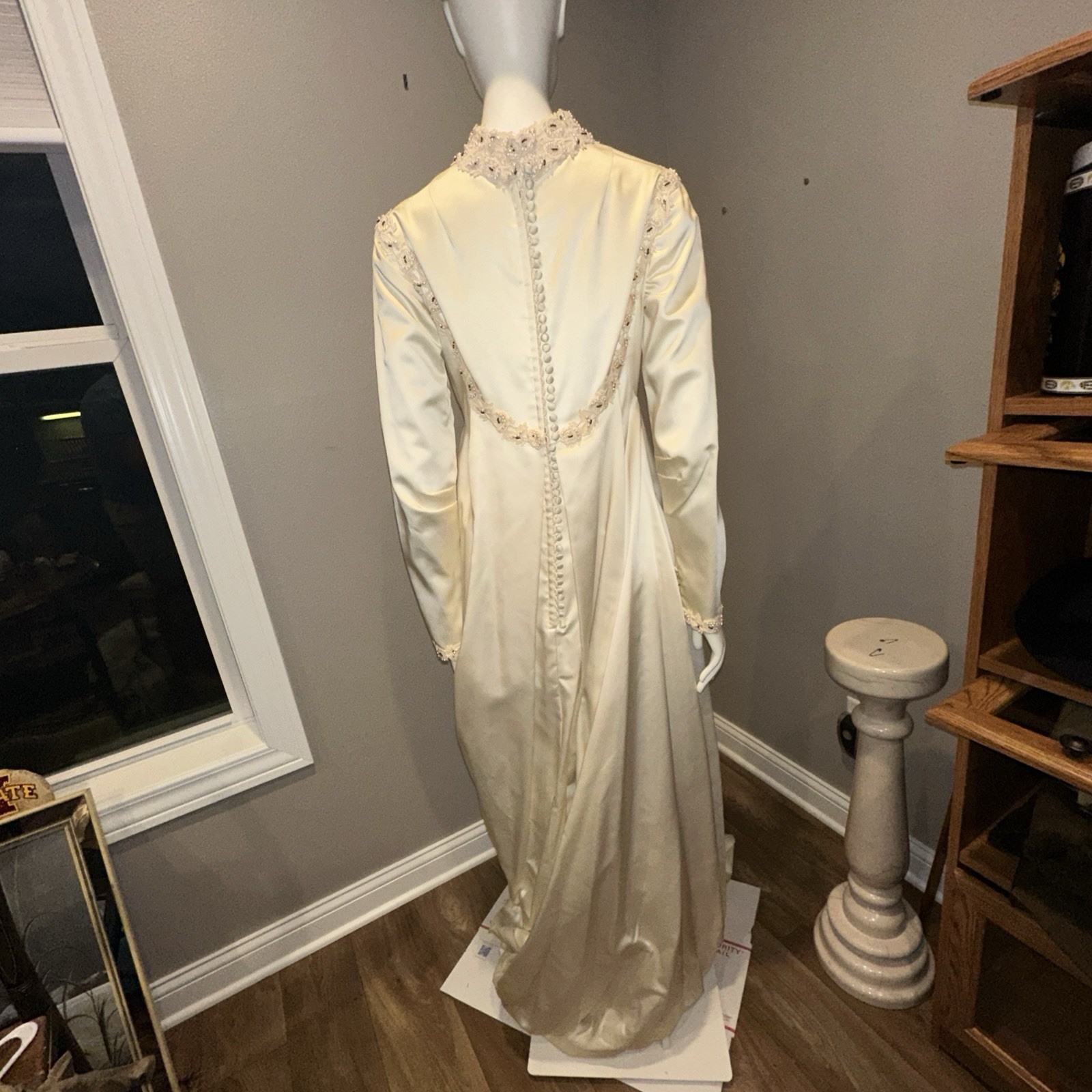1970’s Pearls-Lace-Satin Bohemian Wedding Gown Angelair By Monika Sz 12 See Meas