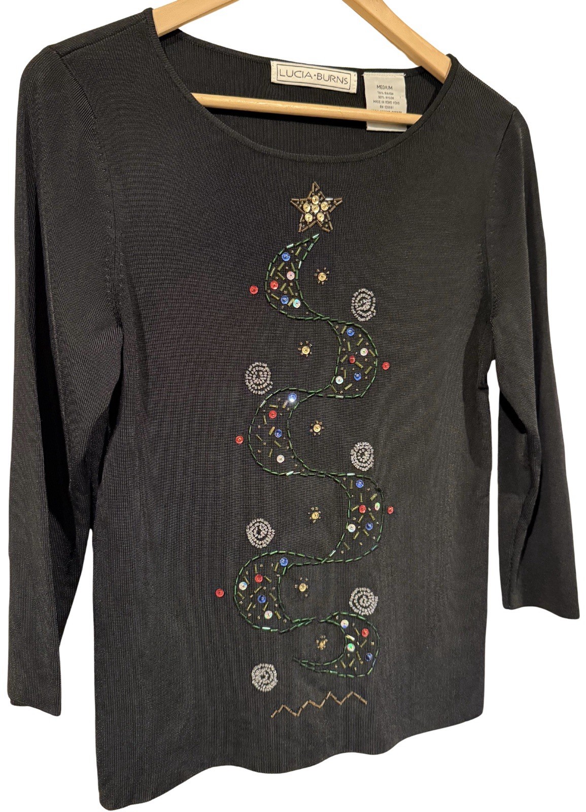 Lucia Burns Vintage 90s Christmas Tree Top Black Sequined Beaded Size M Festive
