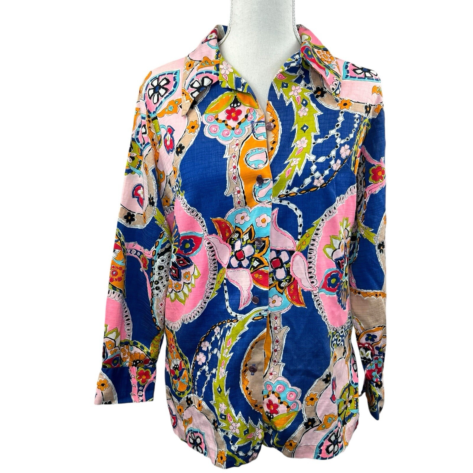 Sears Vintage Women’s Floral Button Down Shirt Size M Medium Colorful Mod Retro