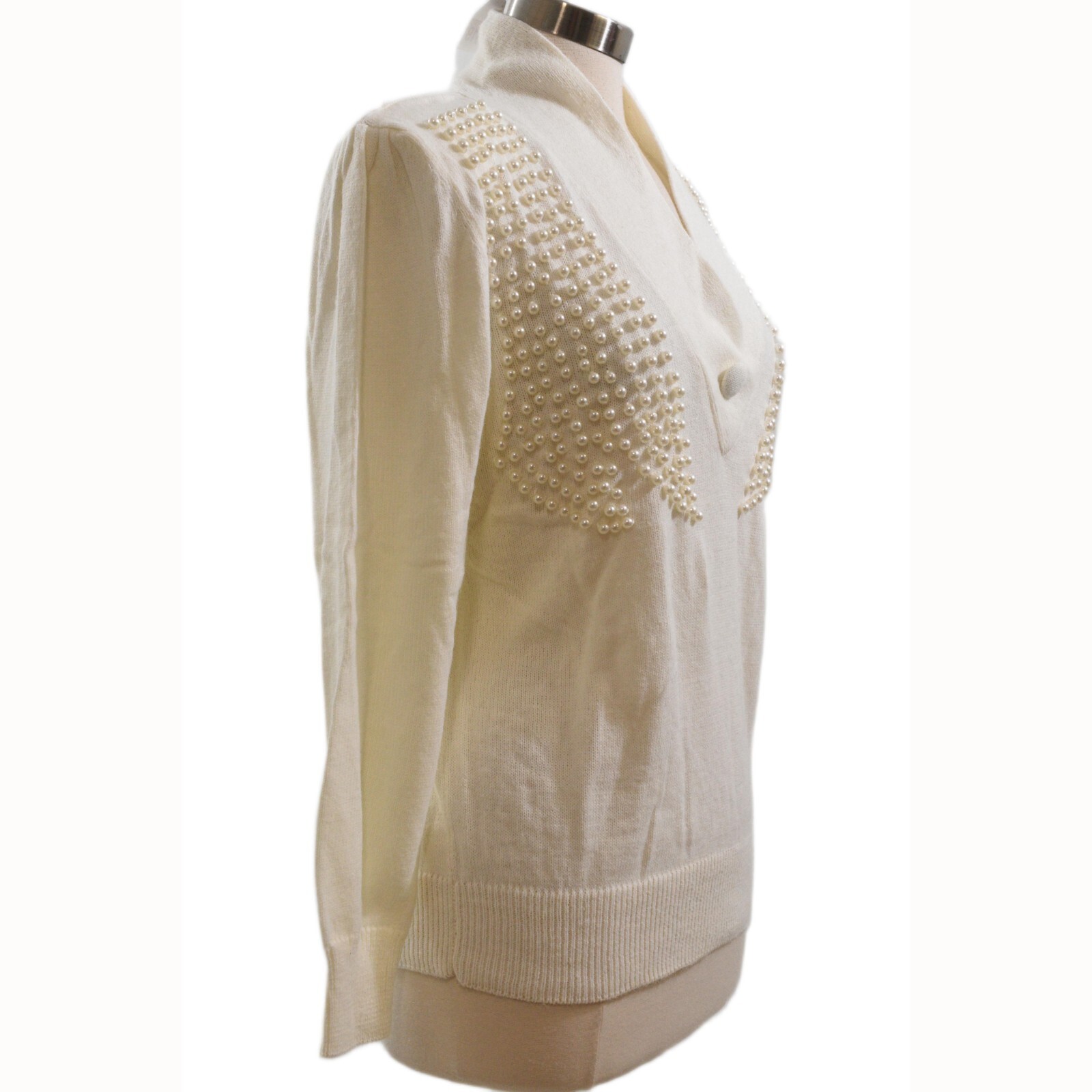 70s Vintage Ivory Pearl Embellished Sweater Womens M Shawl Collar Art Deco
