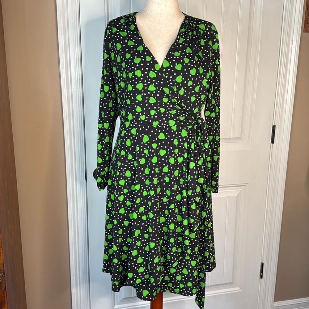 Vicky Tiel | Retro Green Heart Printed Midi Wrap Dress Size: Large