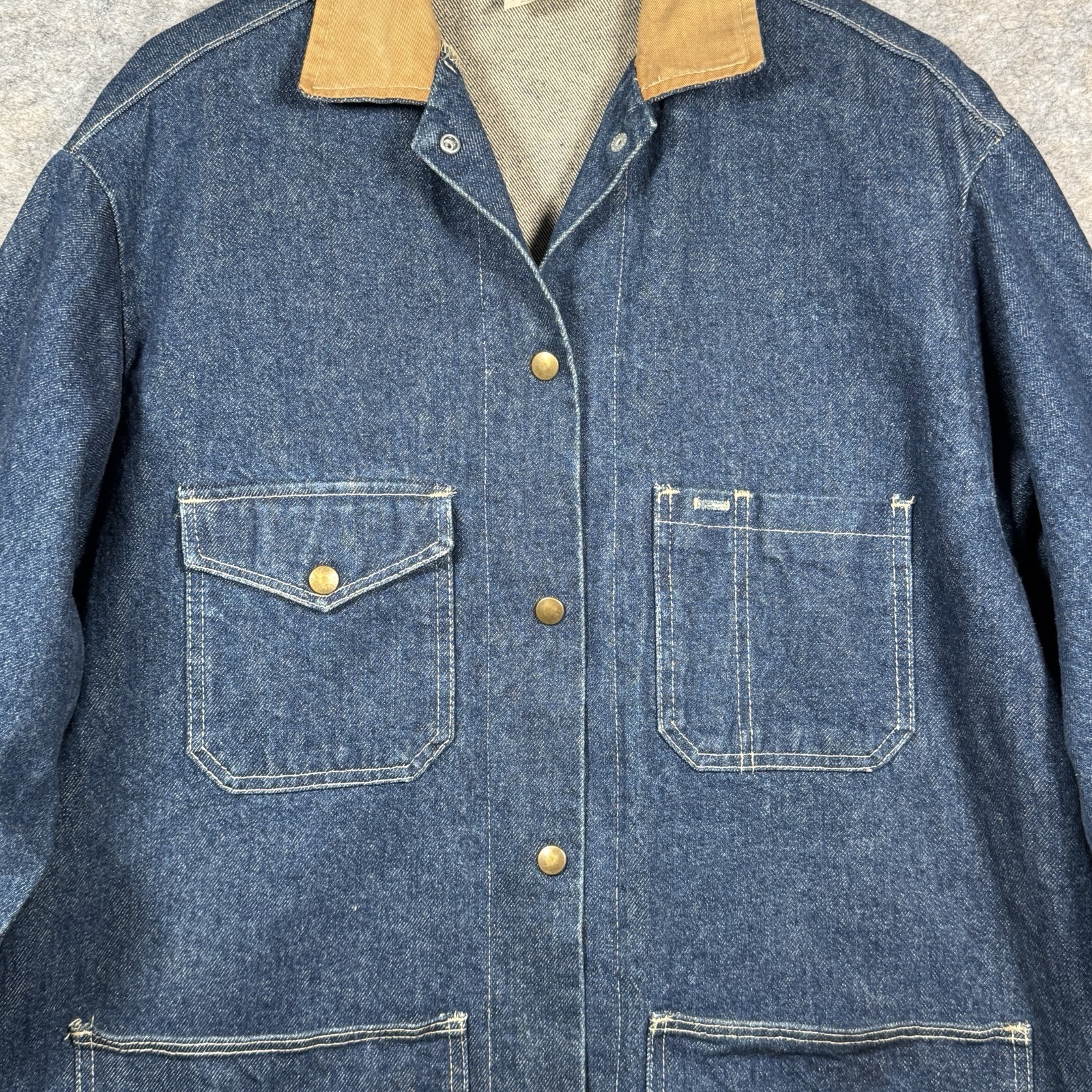 Vintage 90s Womens Avon Denim Chore Coat Size M 24×32 Corduroy Collar Pockets