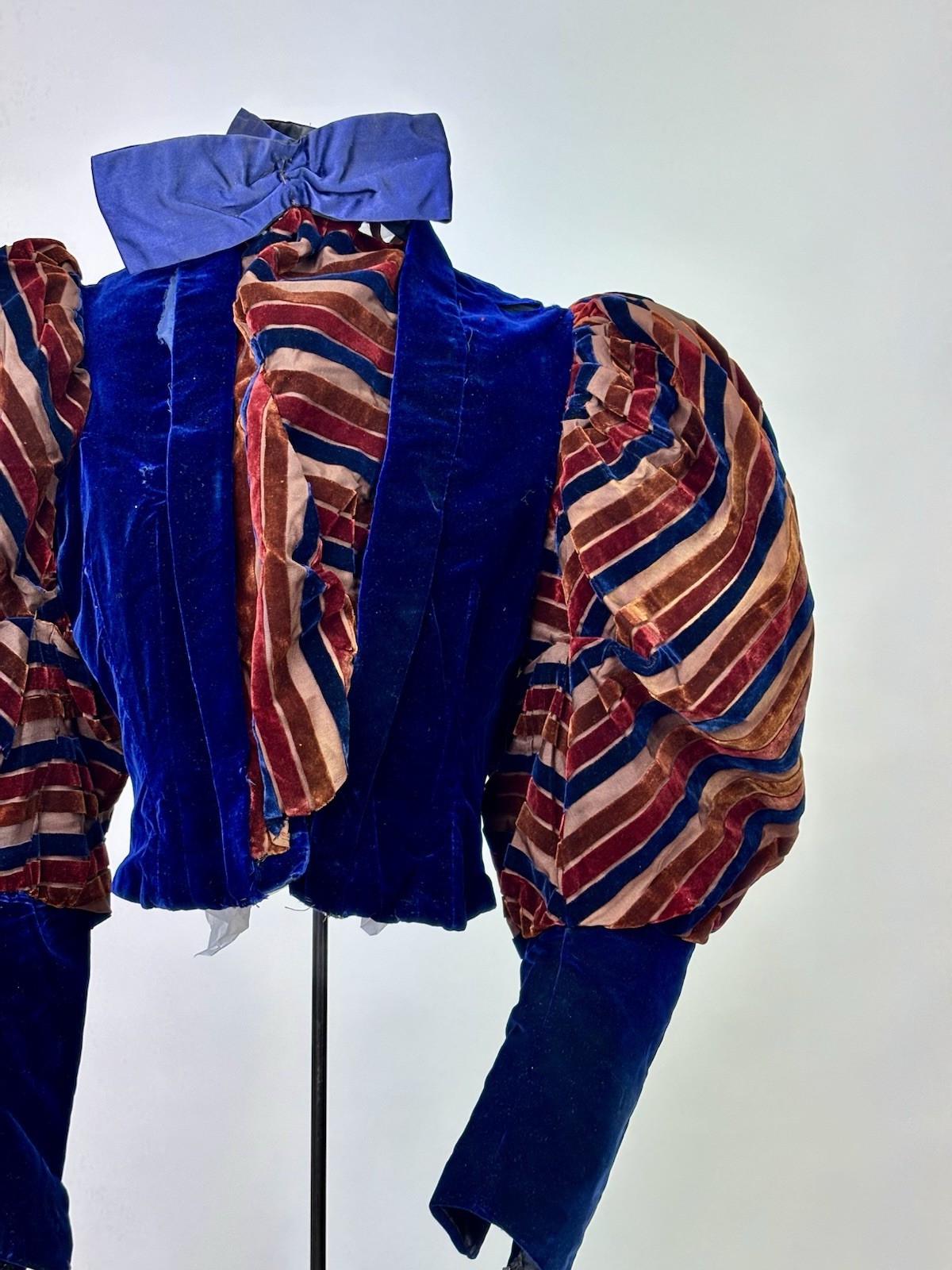 Antique Victorian Royal Blue Velvet Brown Stripes Jacket Leg of Mutton Sleeve