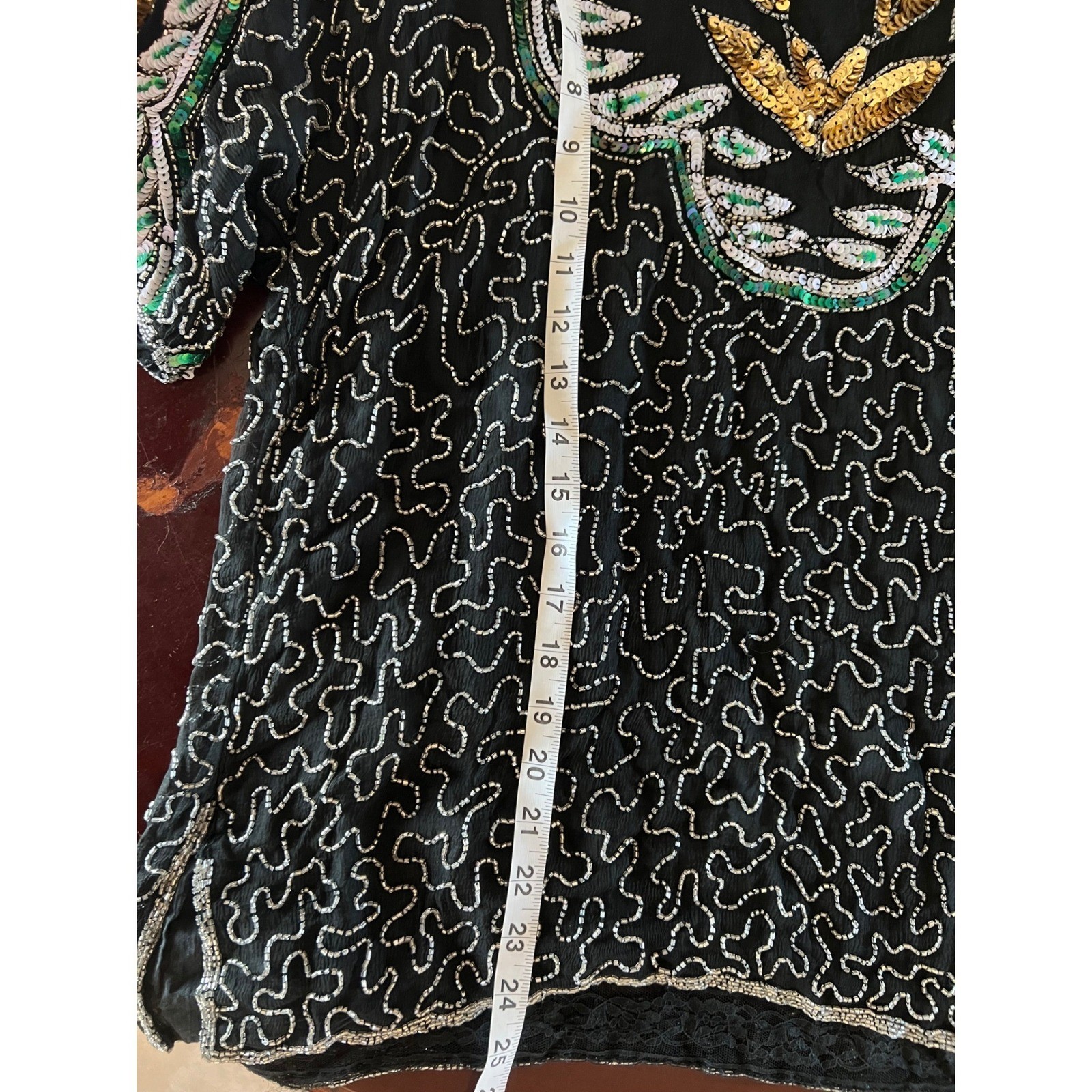 Carina Vintage Pure Silk Beaded Sequin Top Black Gold Silver Flapper Gatsby L