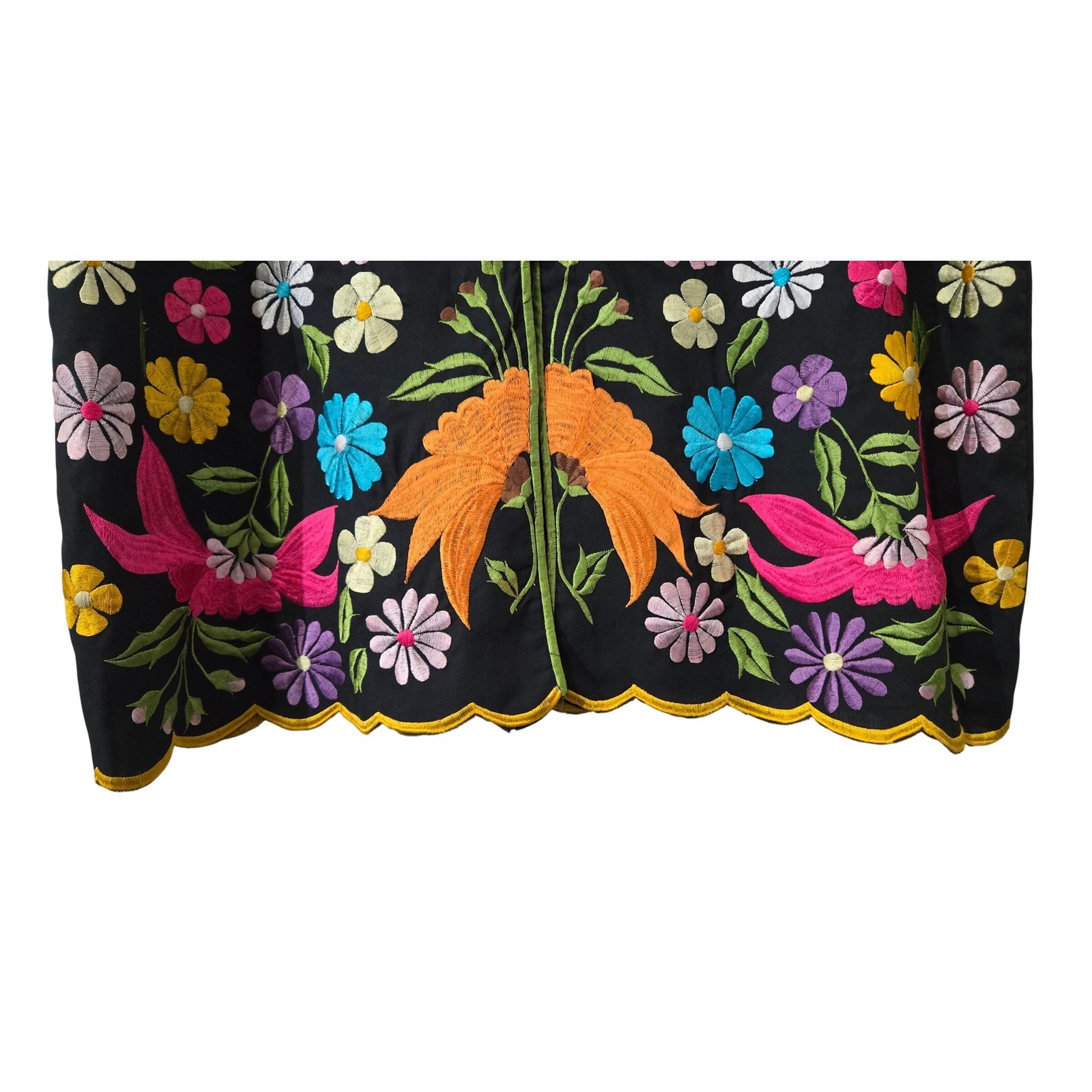 Leandra Vintage Embroidered Floral Bird Tunic Black Mandarin Collar Scallop LG