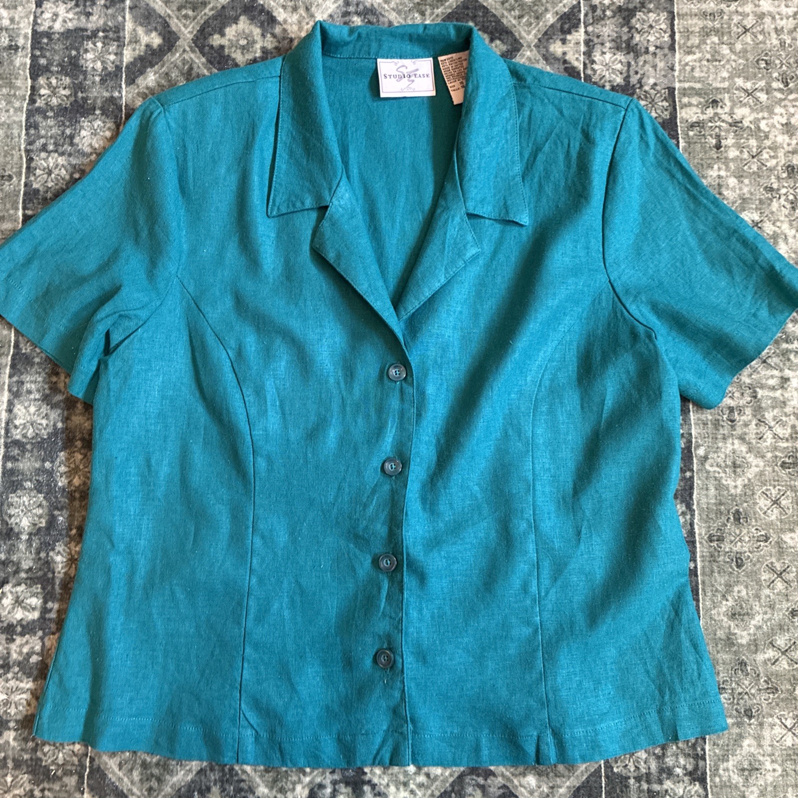 Vintage Linen Teal Collared Button Up Blouse Large Short Sleeve Blue Green 90s