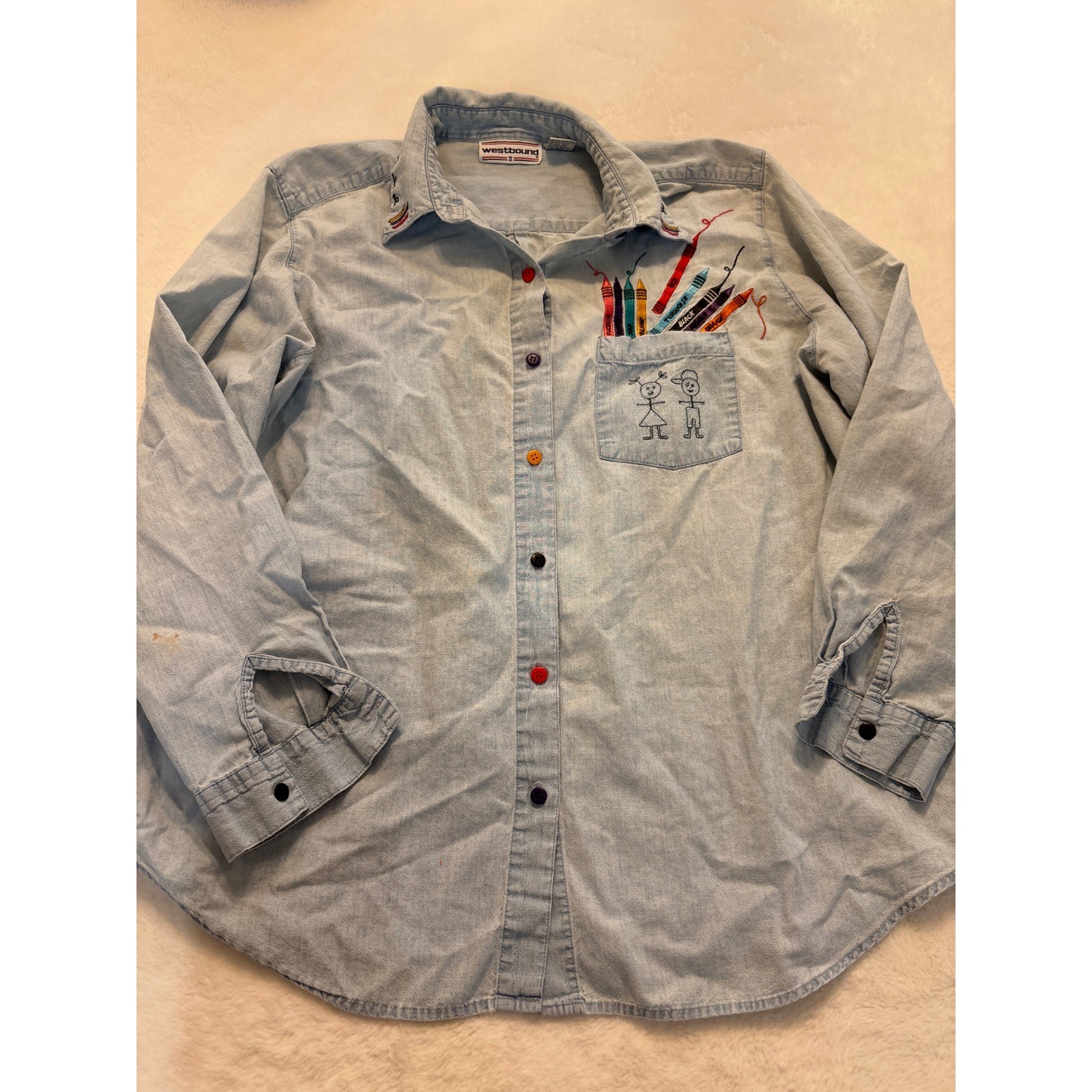 Westbound II Vintage Denim Teacher Shirt Crayon Embroidery Blue Chambray Large