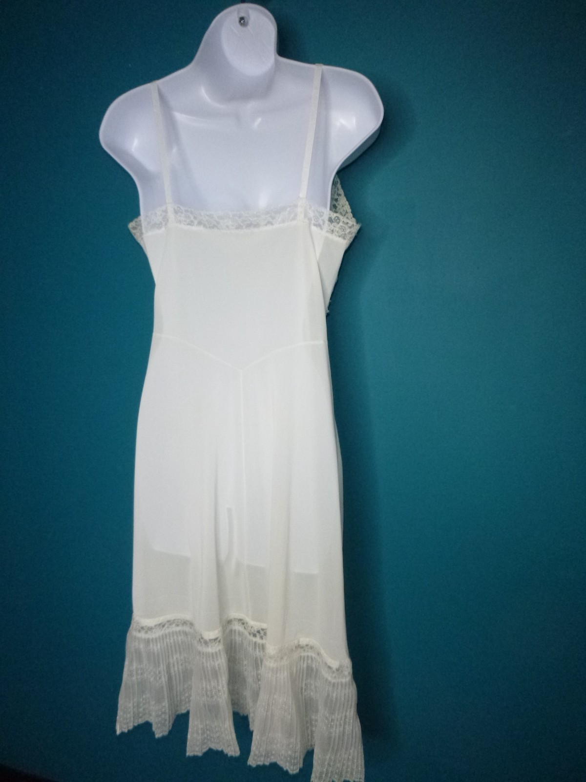 Vtg 50s Jean Vernon Fancy Off White Full Slip Lace Trim Pleated hem Sz S