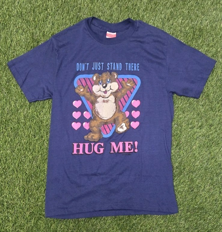 Vintage 1982 Bear Hug Me Graphic T Shirt 80s Navy Blue 50/50 Blend Tag Large