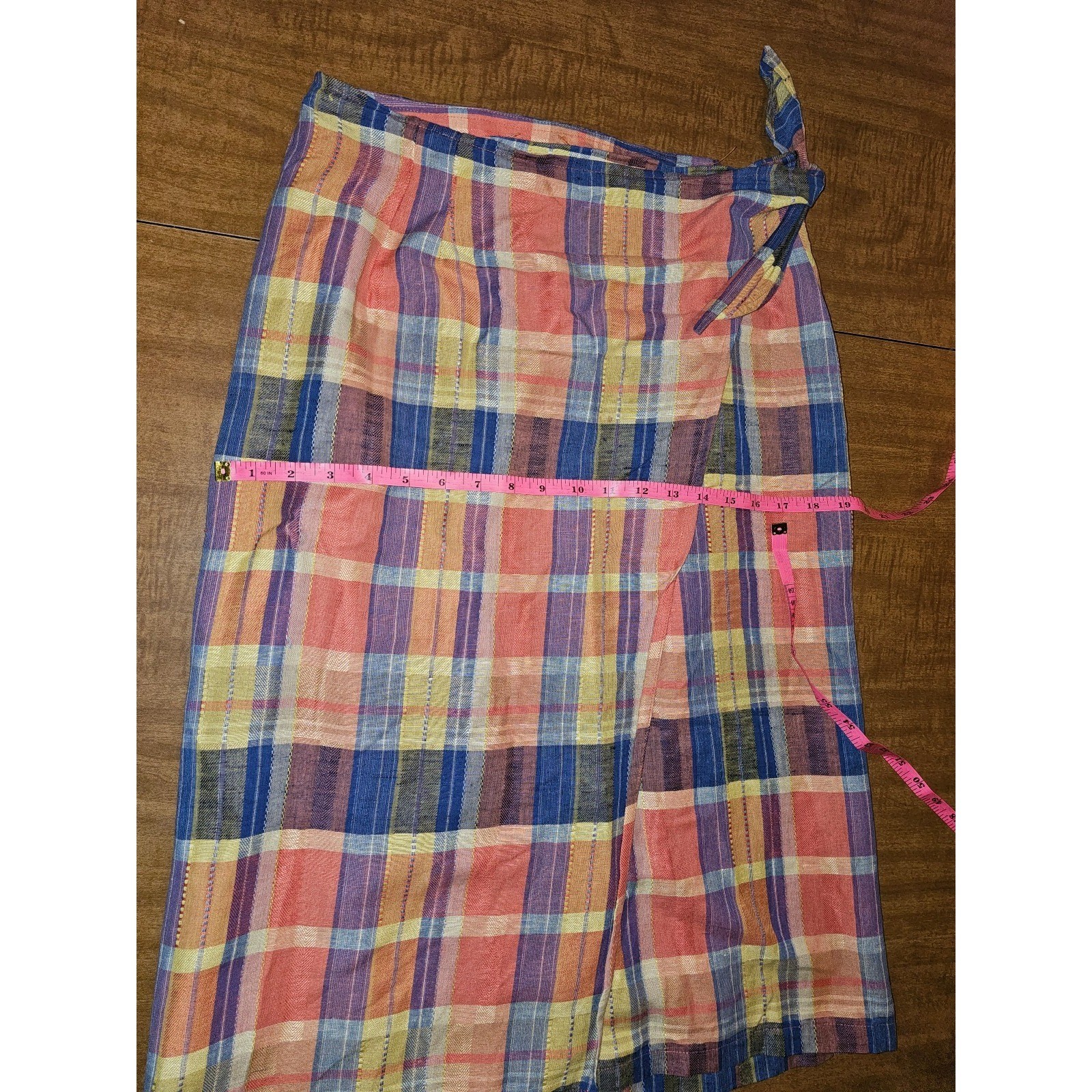 Vintage 80s 90s Neiman Marcus Wrap A-Line Midi Skirt Plaid 8 S M Madras Linen D5