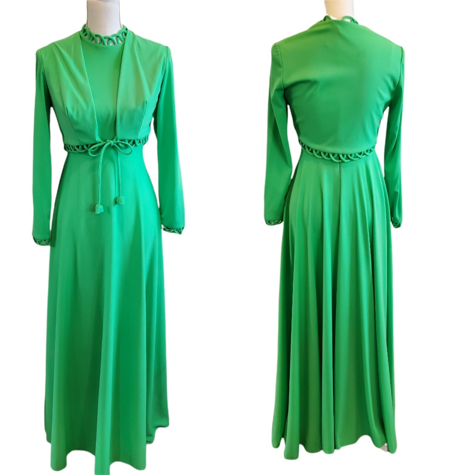 Vintage 70s 2 Piece Dress Set Green Polyester High Neck long Small 4 6 retro