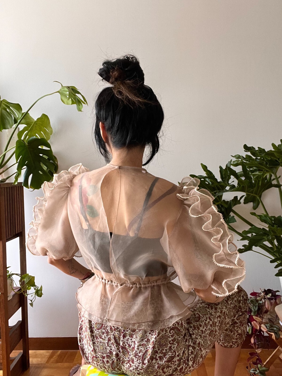 1970s Sheer Organza Ruffle Blouse – Puff Sleeve Peplum Statement Top | XS-M
