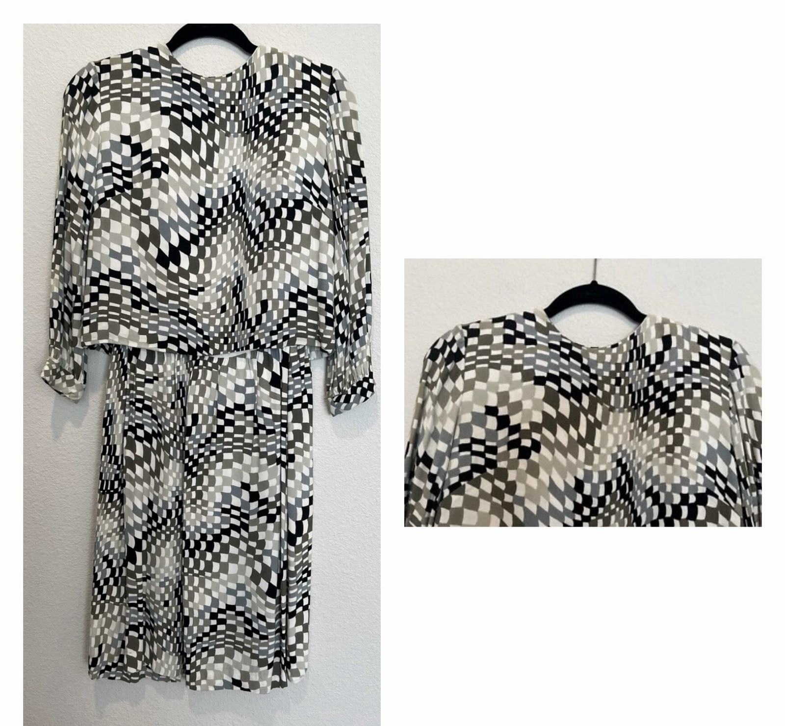 VTG 60s Bud Kilpatrick Checkered Print 2 Piece Dress Black White Brown Geometric