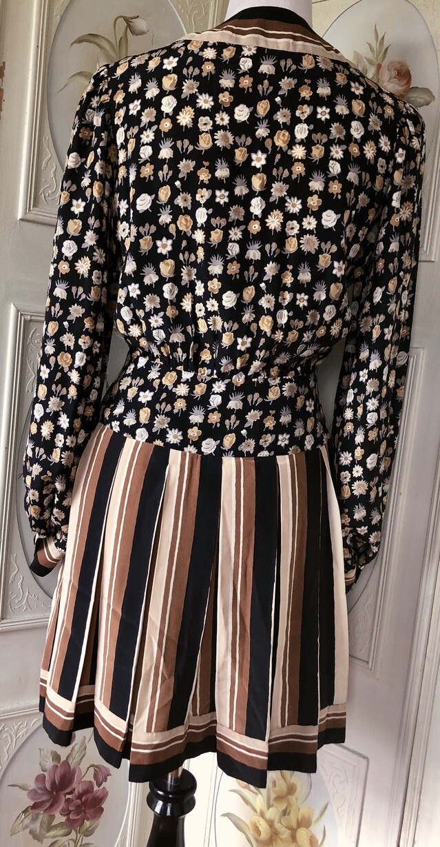 VTG ARNOLD SCAASI 100% SILK MINI DRESS BLACK BROWN FLORAL STRIPE MOD TWIGGY GUC