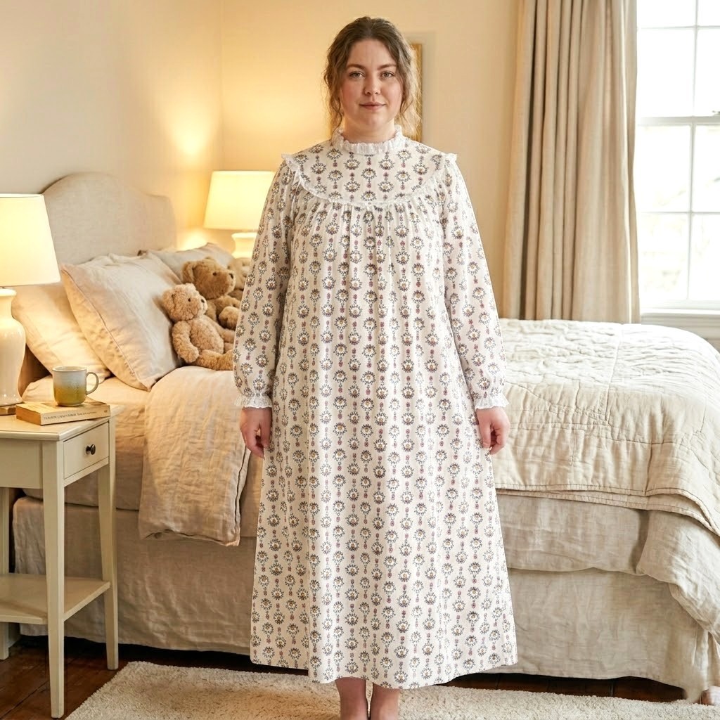 Vtg New LANZ Sz XL Bears Wreaths Elastic Cuff Eyelet Lace Long Flannel Nightgown