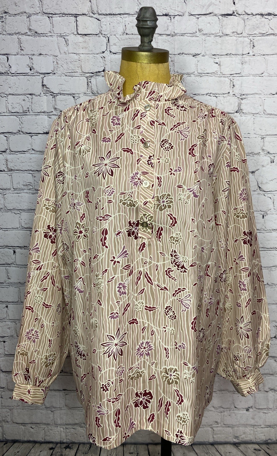 Vtg Cos Cob 60’s Ruffle Collar Button Floral Shirt Dressy Retro Poly 38
