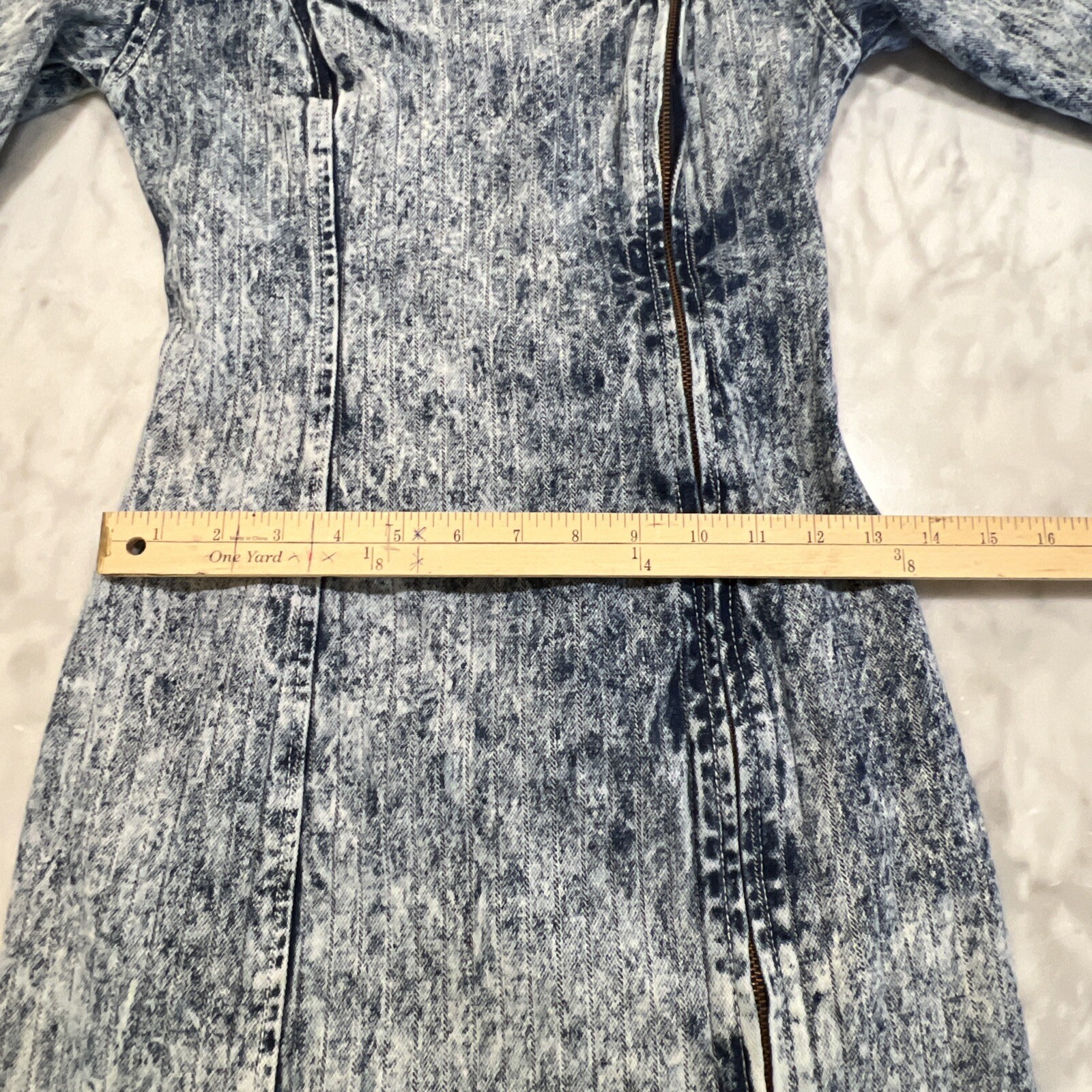 Vintage Paris Blue Dress Small Acid Wash Denim Full Zipper Long Sleeve Bodycon
