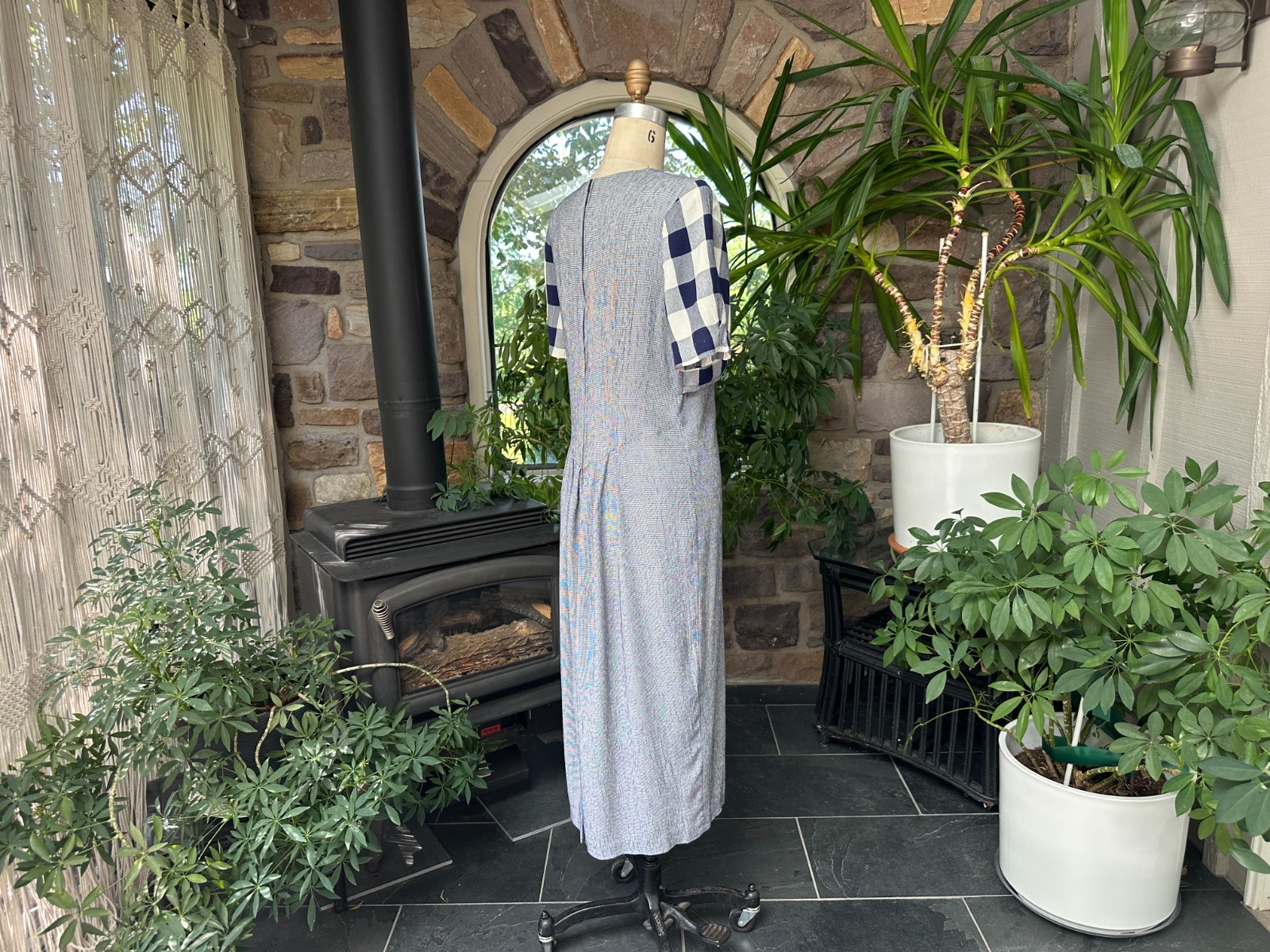 Vintage 1990s Blue and White Check Midi Dress TR Bentley