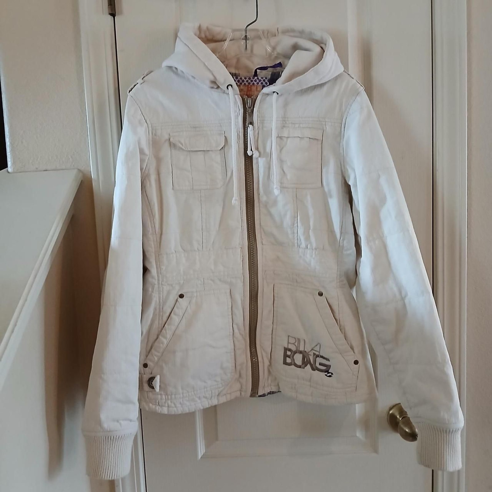 Y2K Vintage Cream Billabong Utility Jacket w hood XL Skater Grunge Gorpcore