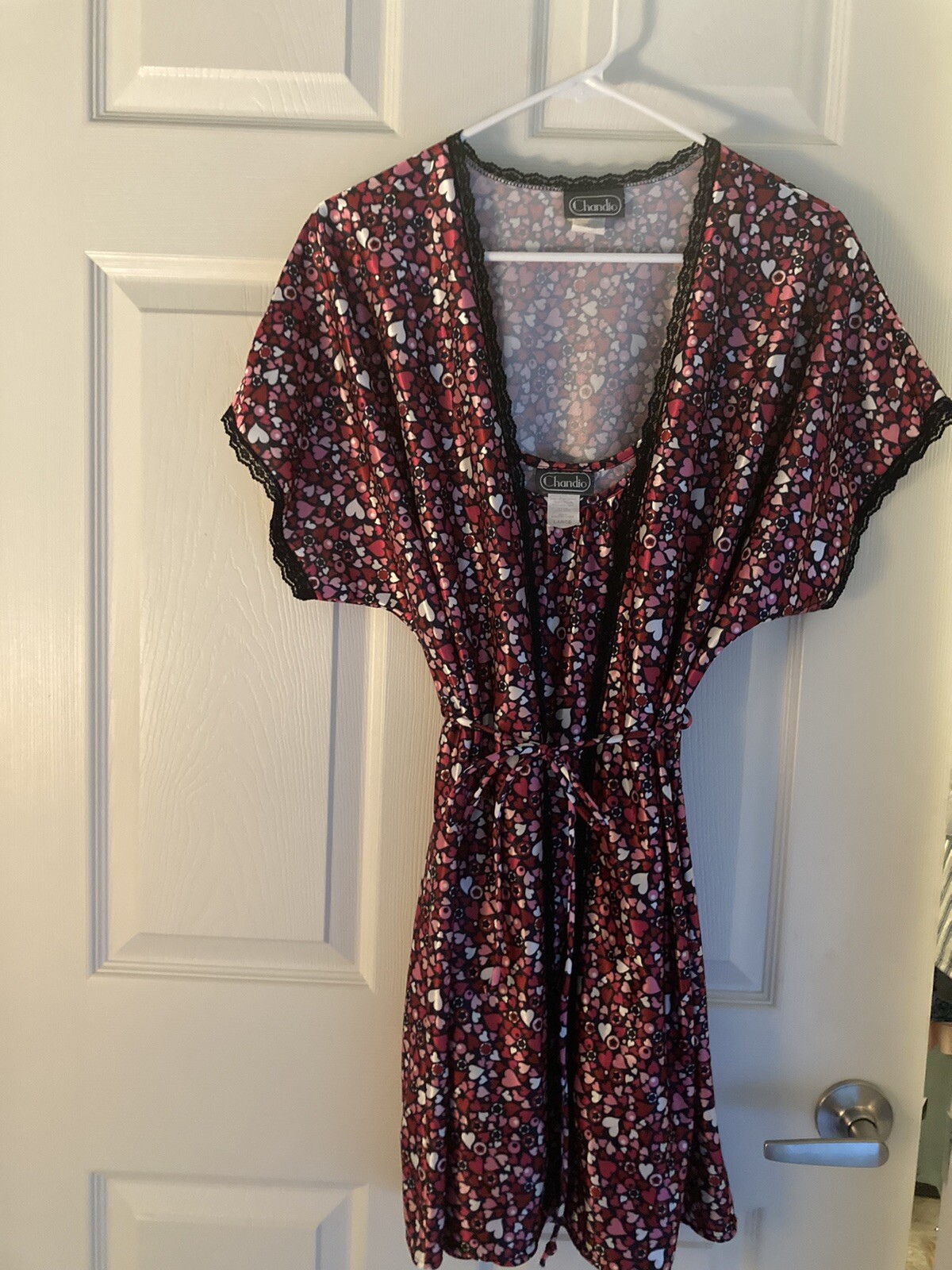 Vintage Chandio Black Pink & White Hearts 2 Piece Nightgown Peignoir Robe Large