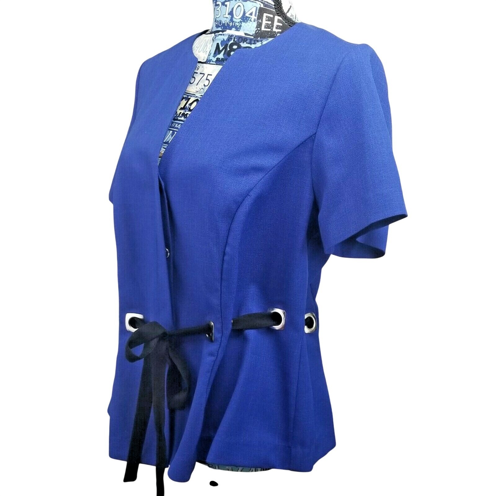 Vintage 80s R&K Originals Womens Jacket XL 1X Blue Hidden Buttons Tied Waist