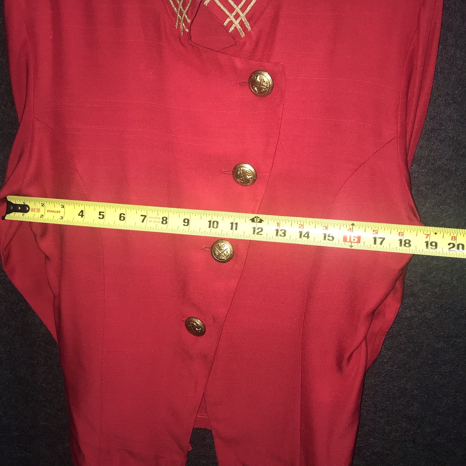 LEW MAGRAM Collection Vintage 80s Blouse Top Red With Gold Buttons Embroidery *
