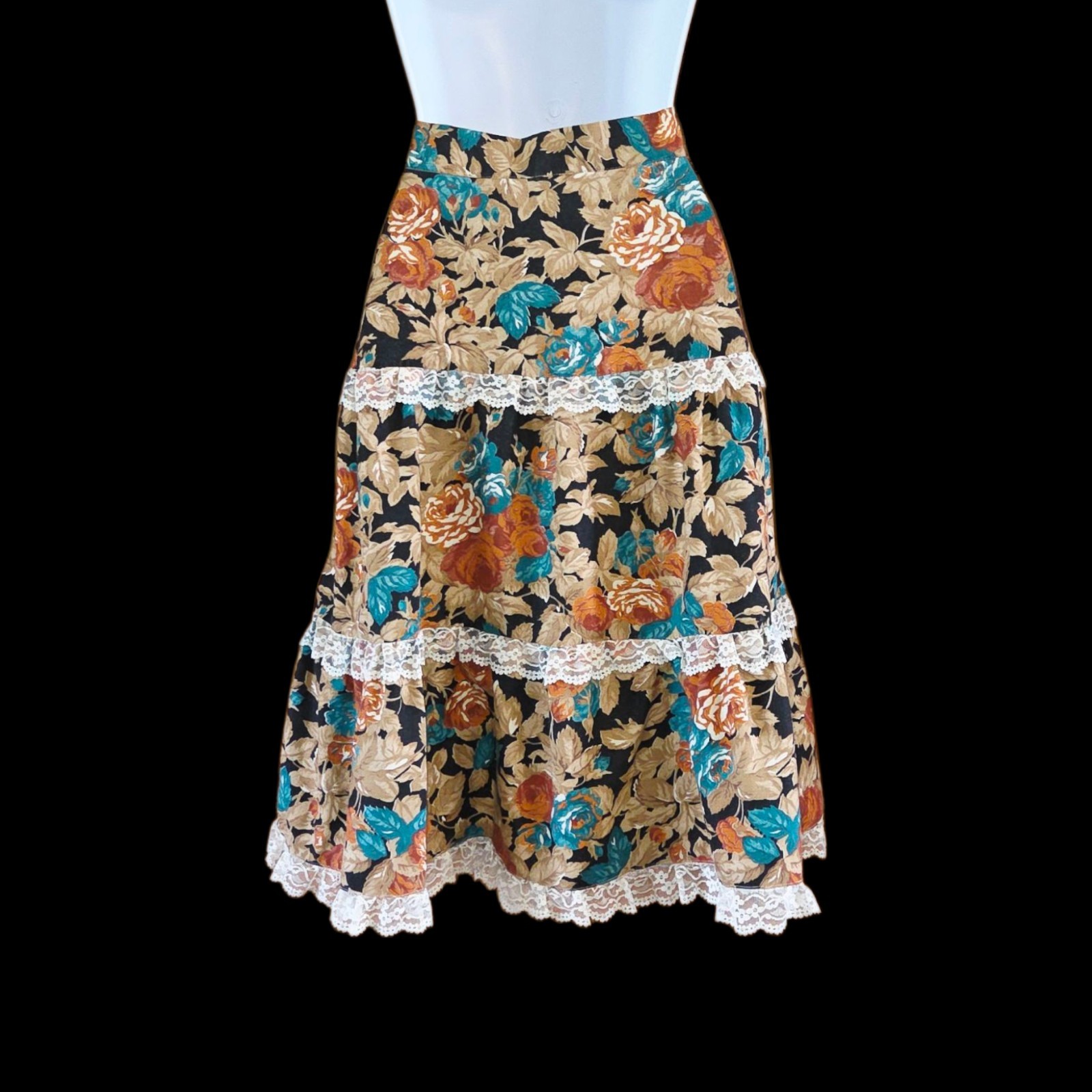 1970s YOU BABES Skirt Autumn Floral Lace Trim Tiered Maxi Cottagecore Boho Sz 26