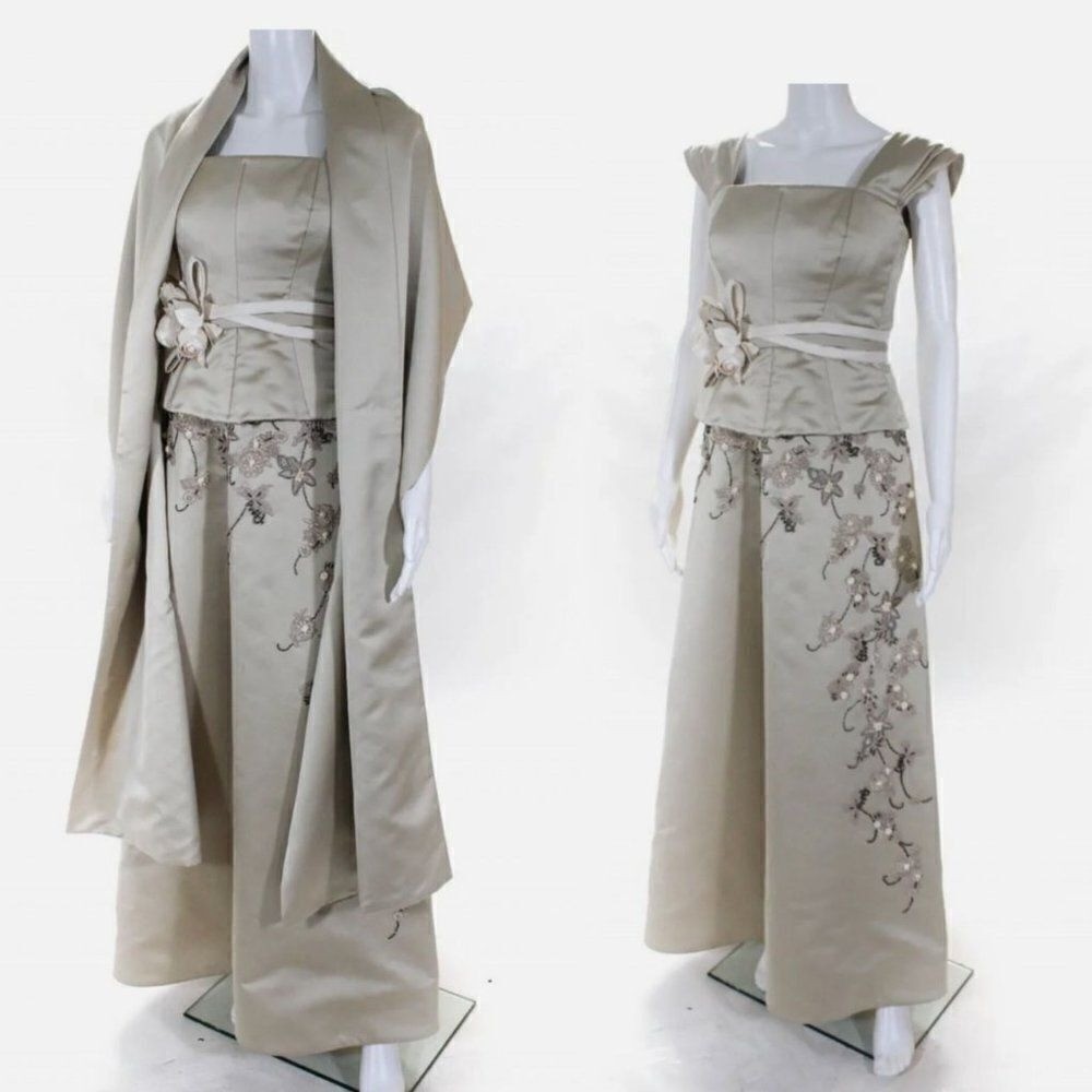 Vtg 90’s San Carlin Satin 3D Floral Embroidered Gown Dress Sz 6 Champaign 2pc