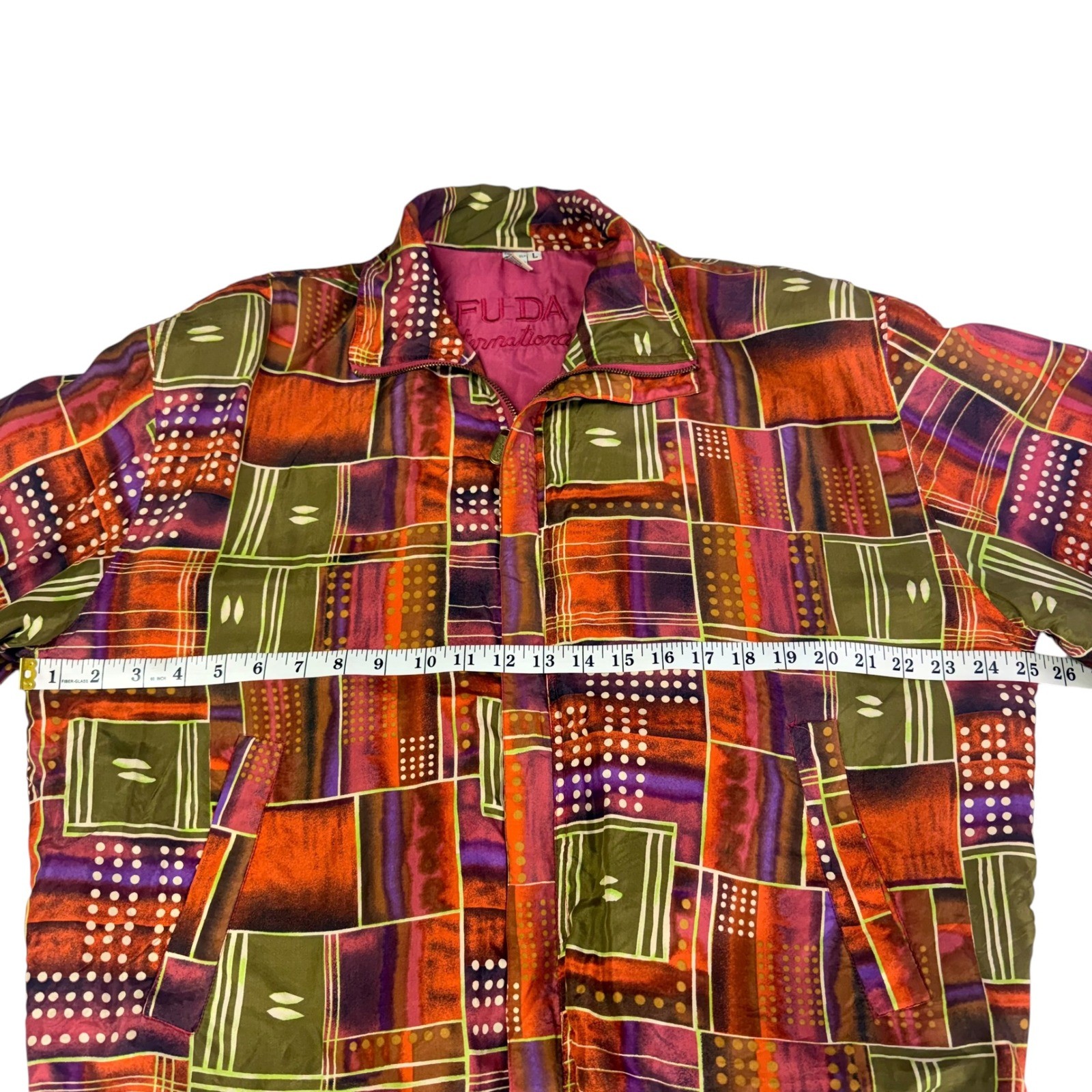 Fuda International Vintage 100% Silk Geometric Patchwork Bomber Jacket Large