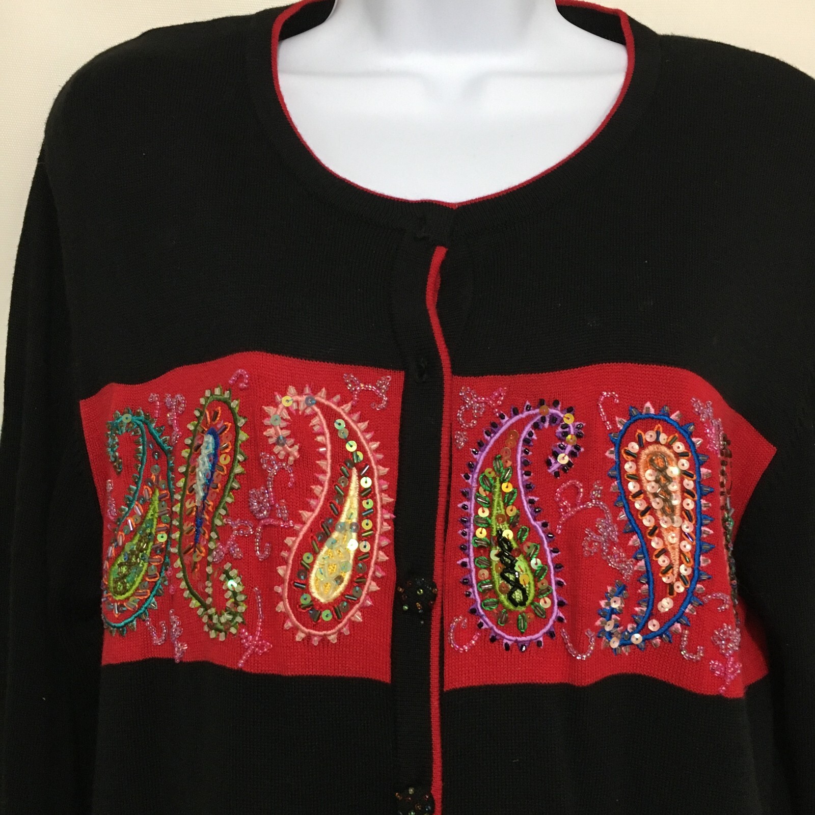 Jack B Quick PL Black Red Paisleys Sequins Beads Cardigan Vintage Button FLAWS