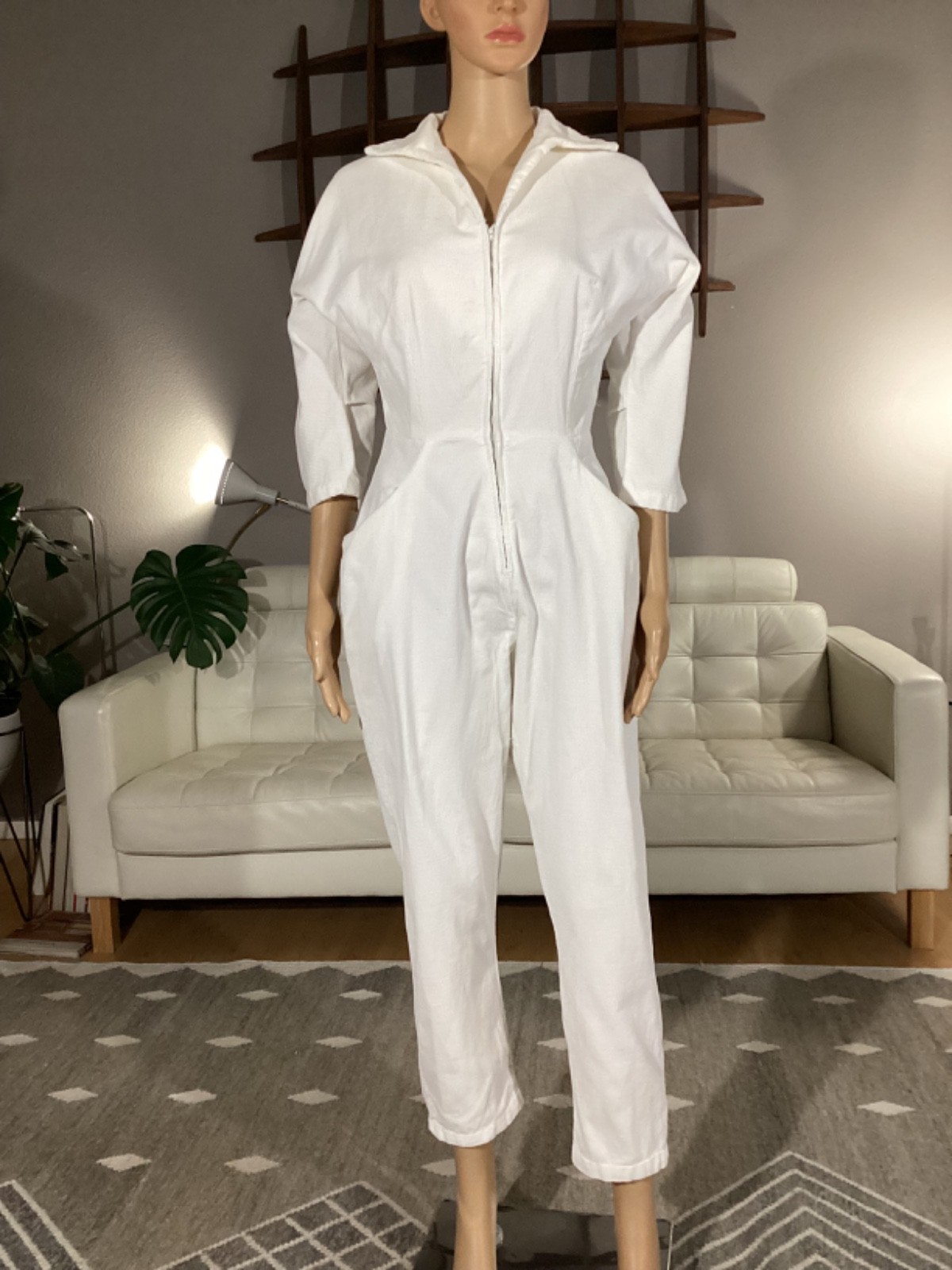 Vintage 1950’s White Corduroy Jumpsuit Rockabilly Metal Front Zip Pockets