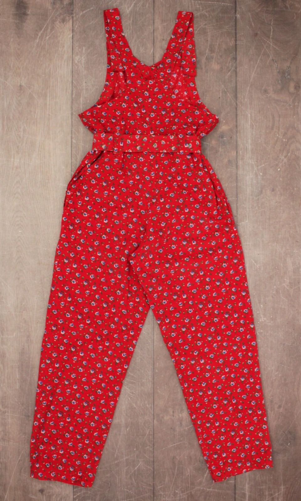 Vtg Womens 80s 90s Red Floral Laura Ashley Fabric Corduroy Jumpsuit W/ Belt XS/S