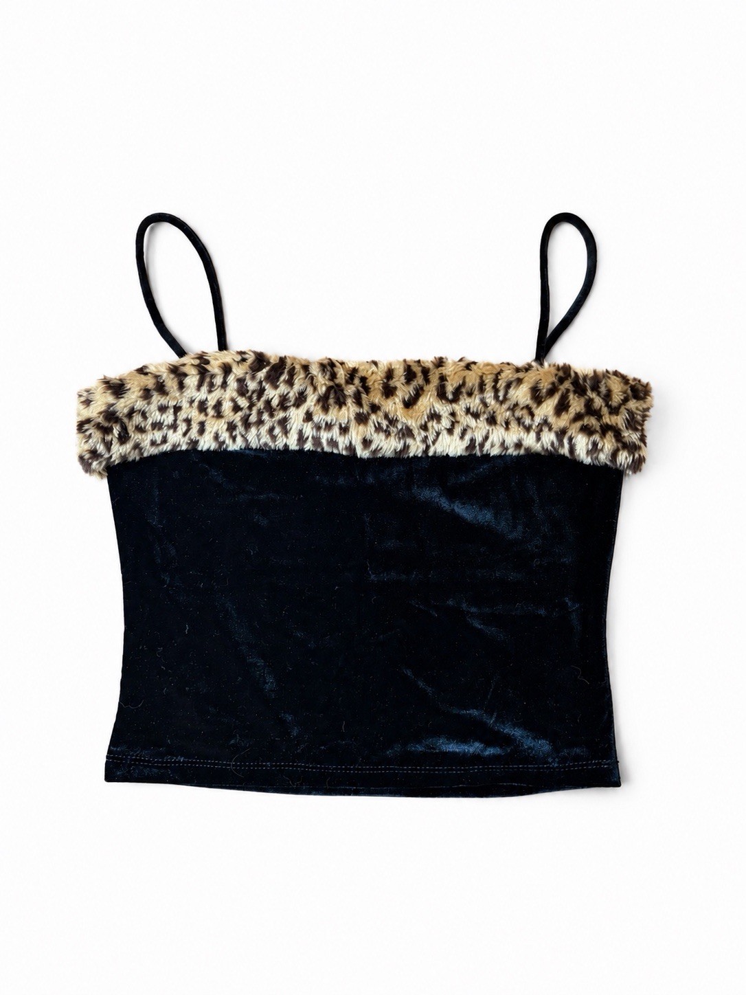 VTG 90s Y2K Velvet Leopard Faux Fur Trim Camisole club top Mob wife Black L