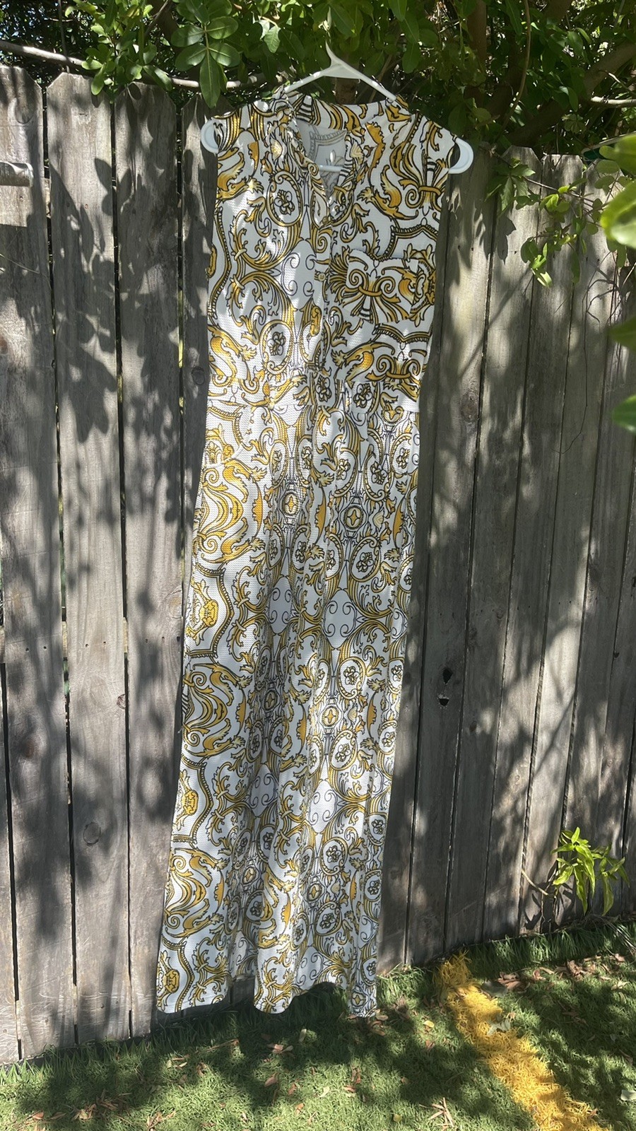 Vintage 70s Jumpsuit Wide Leg Palazzo Gold Psychedelic Baroque print – size M