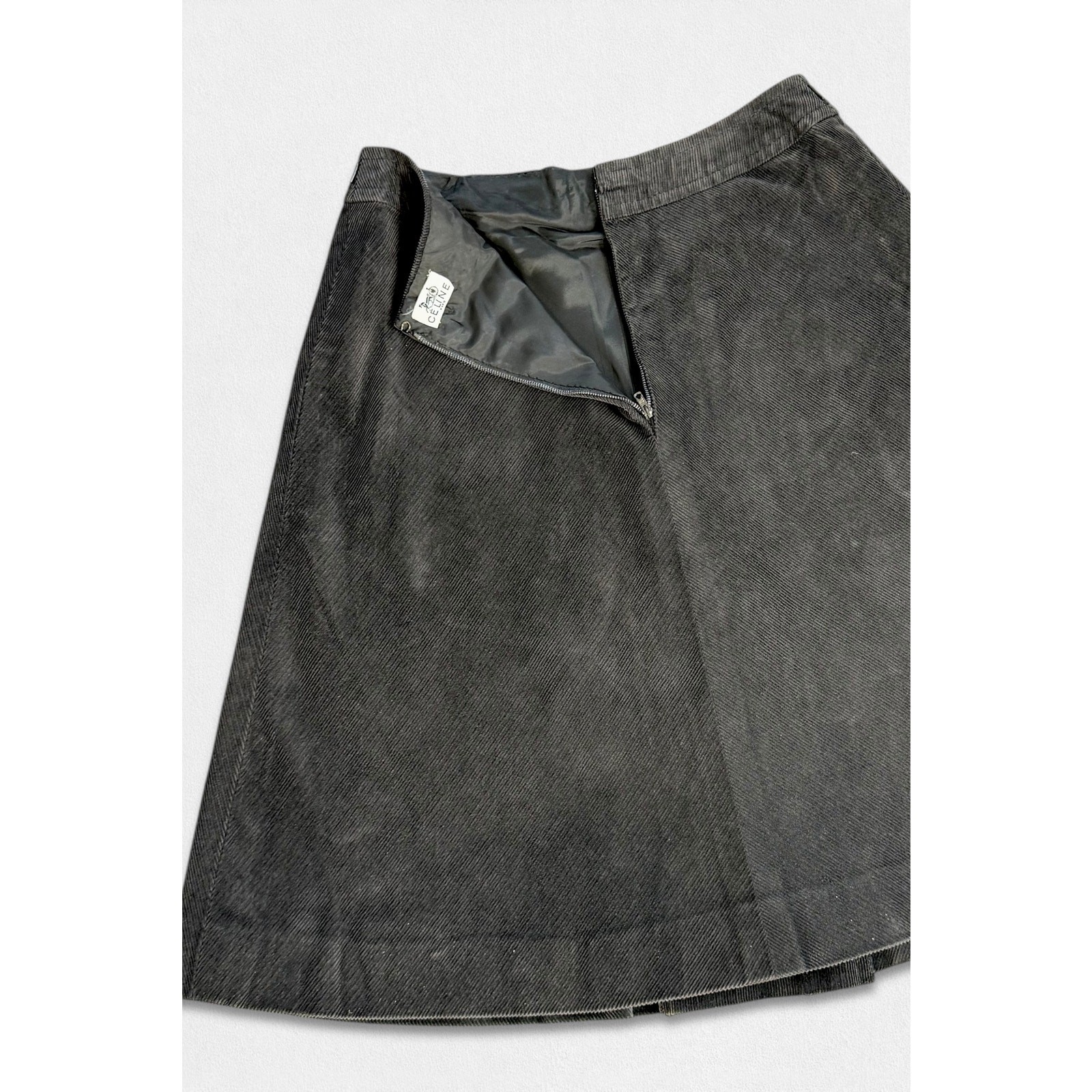 VTG 70s CELINE Paris Corduroy A-Line Pleated Skirt Horse Bit Hardware Kick Pleat