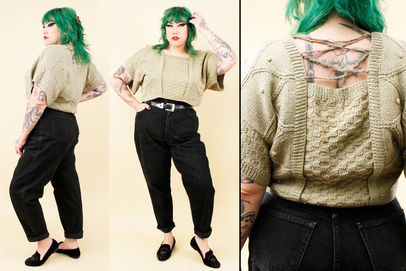 80s Vtg Jeanne Marc Olive Green Knit Cotton & Woven Leather Crop Sweater tag S-L