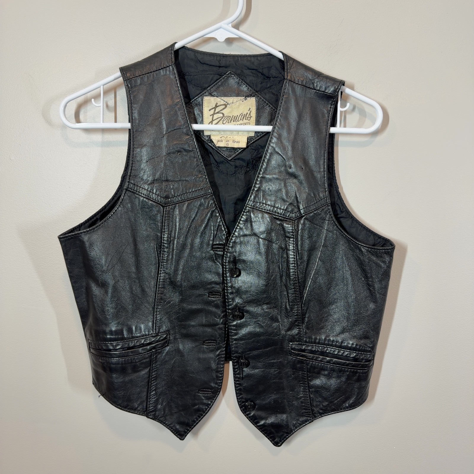 Bermans Vintage Genuine Black Leather Vest SZ 10 Western Biker Motorcycle Rocker