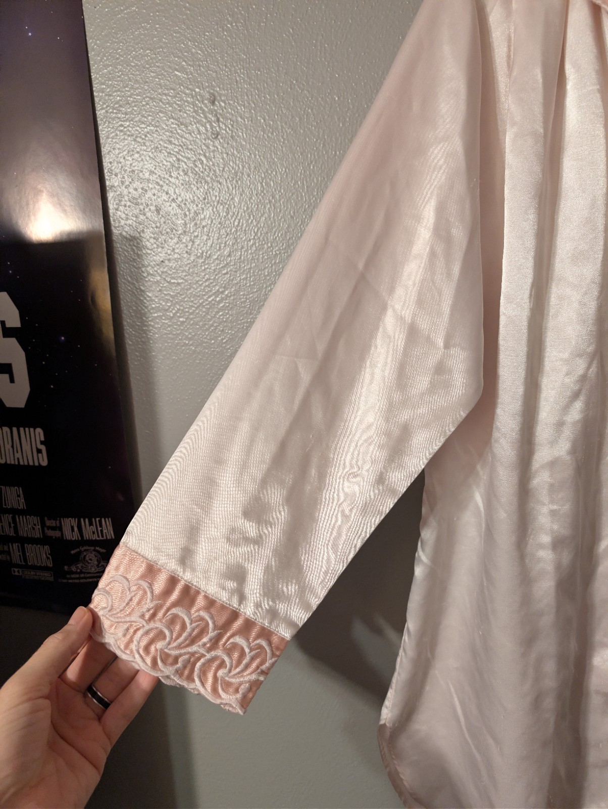 Vintage 80s Go Softly Satin Nightshirt S Pink Embroidered Lingerie Sleepwear