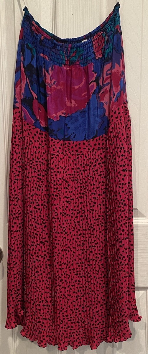 Vtg Assorti Susan Freis Pink Animal Print Pleated Dress 2 Pc Sz S Tassels Ruffle