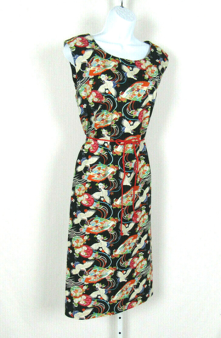 VTG 1960s 70s JAPANESE FLORAL DRESS FANS EGRETS SLEEVELESS ROPE BELT COTTON BLND